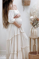 Cream Off Shoulder Ruffle Tiered Maternity Maxi Dress