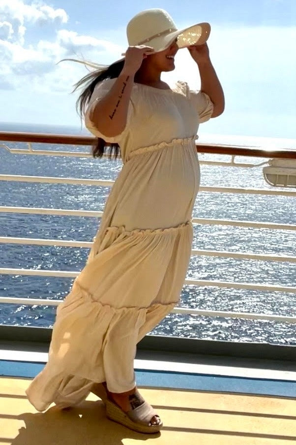 Cream Off Shoulder Ruffle Tiered Maternity Maxi Dress