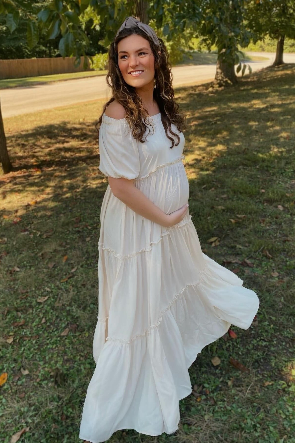 Cream Off Shoulder Ruffle Tiered Maternity Maxi Dress