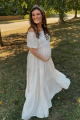 Cream Off Shoulder Ruffle Tiered Maternity Maxi Dress