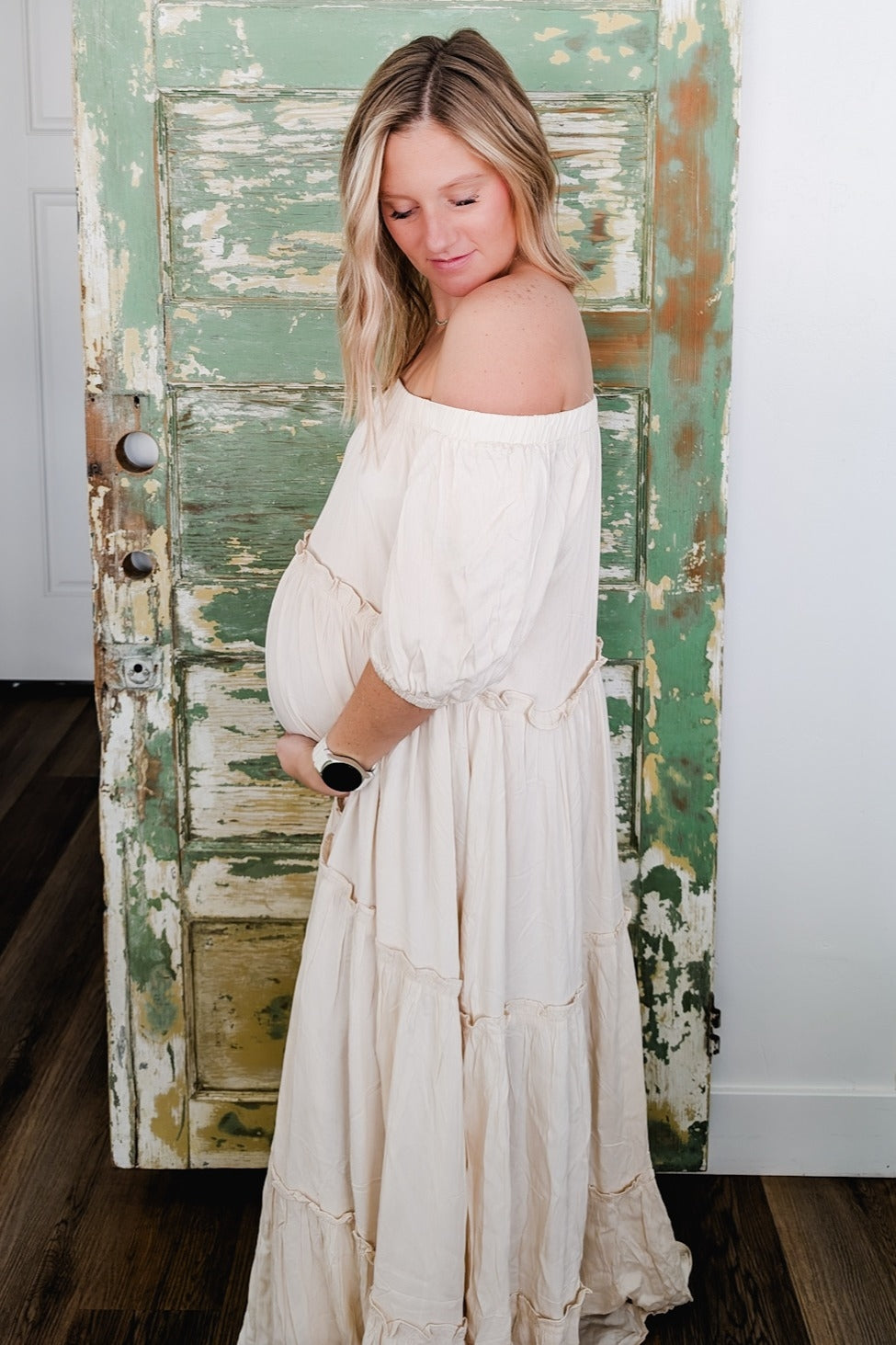 Cream Off Shoulder Ruffle Tiered Maternity Maxi Dress