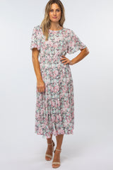 Pink Floral Pleated Maternity Midi Dress