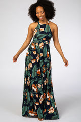Navy Blue Palm Print Cross Back Maternity Maxi Dress
