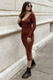 Mocha V-Neck Long Sleeve Fitted Maxi Dress