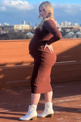 Mocha V-Neck Long Sleeve Fitted Maternity Maxi Dress