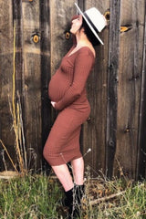 Mocha V-Neck Long Sleeve Fitted Maternity Maxi Dress