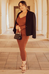 Mocha V-Neck Long Sleeve Fitted Maxi Dress