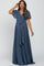 woman wearing a blue maternity wrap dress with flutter sleeves and a tie waist