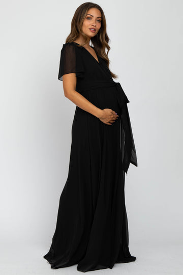 Black Chiffon Short Sleeve Maternity Maxi Dress