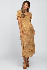 Mustard Floral Smocked Maternity Maxi Dress