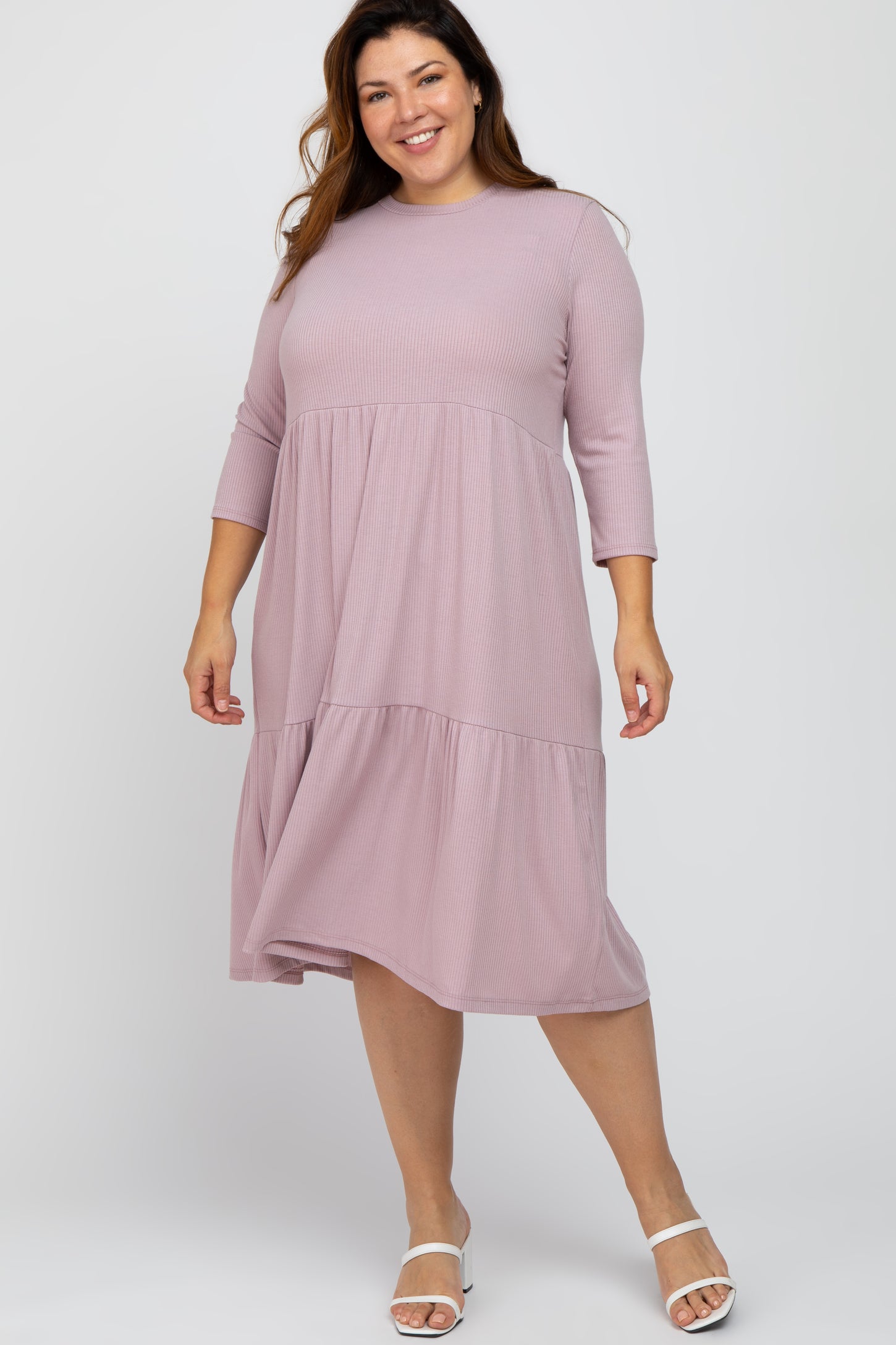 Lavender Tiered Ribbed 3/4 Sleeve Plus Maternity Midi Dress