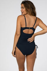 Navy Ribbed Side Tie One-Piece Maternity Swimsuit