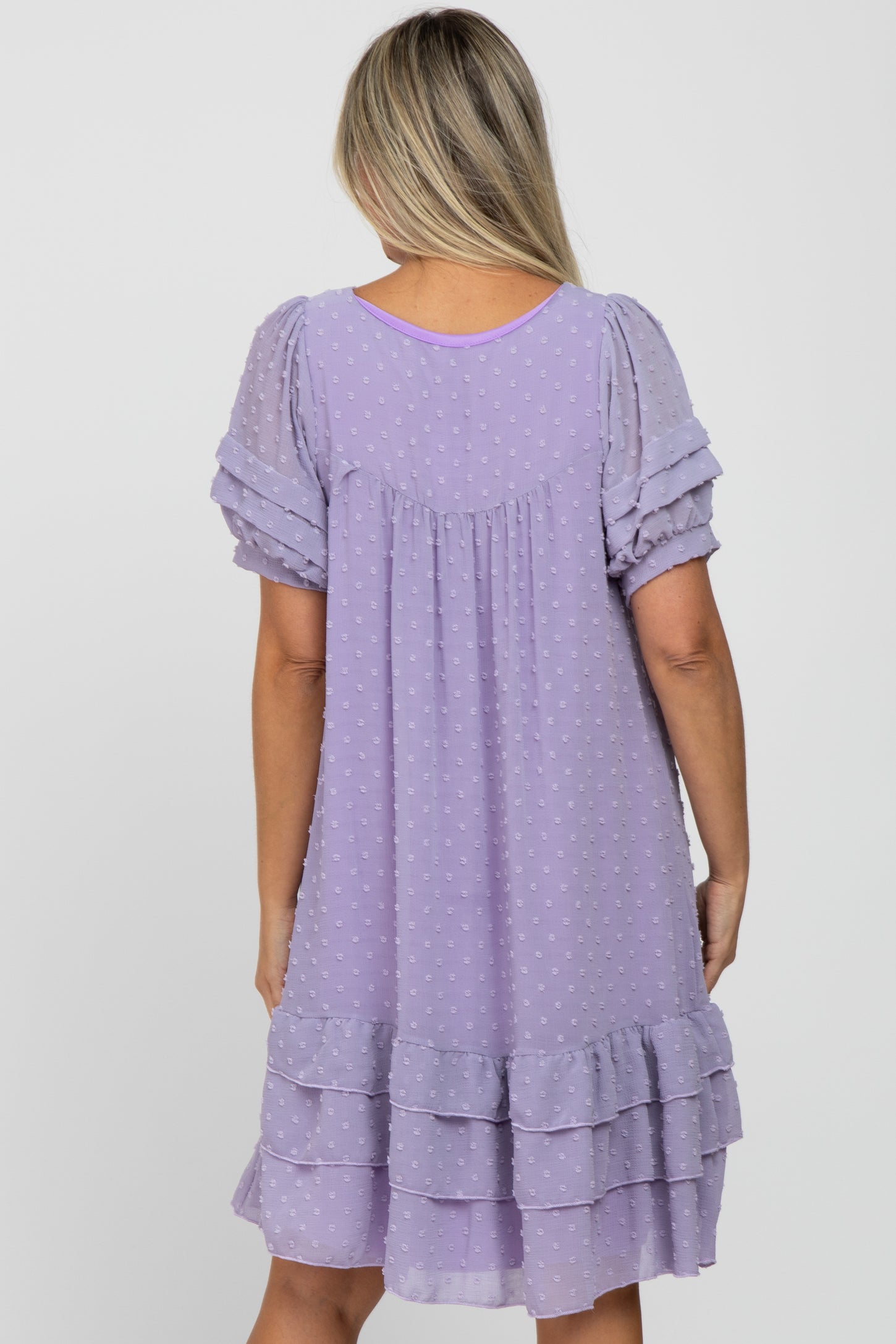 Lavender Chiffon Swiss Dot Ruffle Hem Maternity Midi Dress