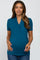 woman wearing a teal short sleeve maternity top that wraps across the front, showcasing her baby bump