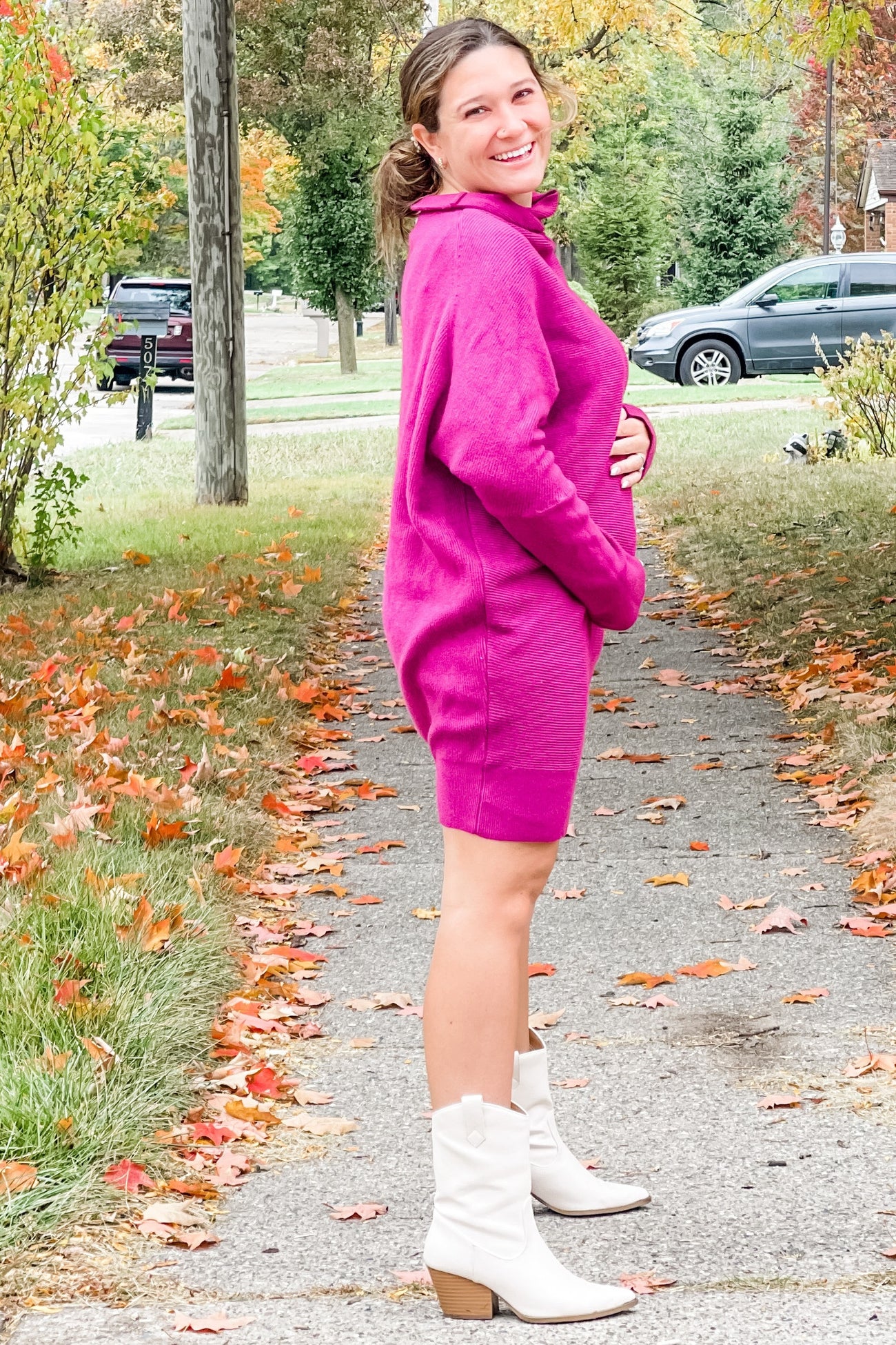 Taupe Funnel Neck Dolman Sleeve Maternity Mini Dress