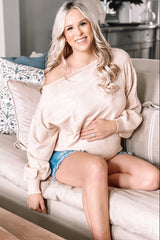 Beige Boat Neck Bubble Sleeve Maternity Sweater