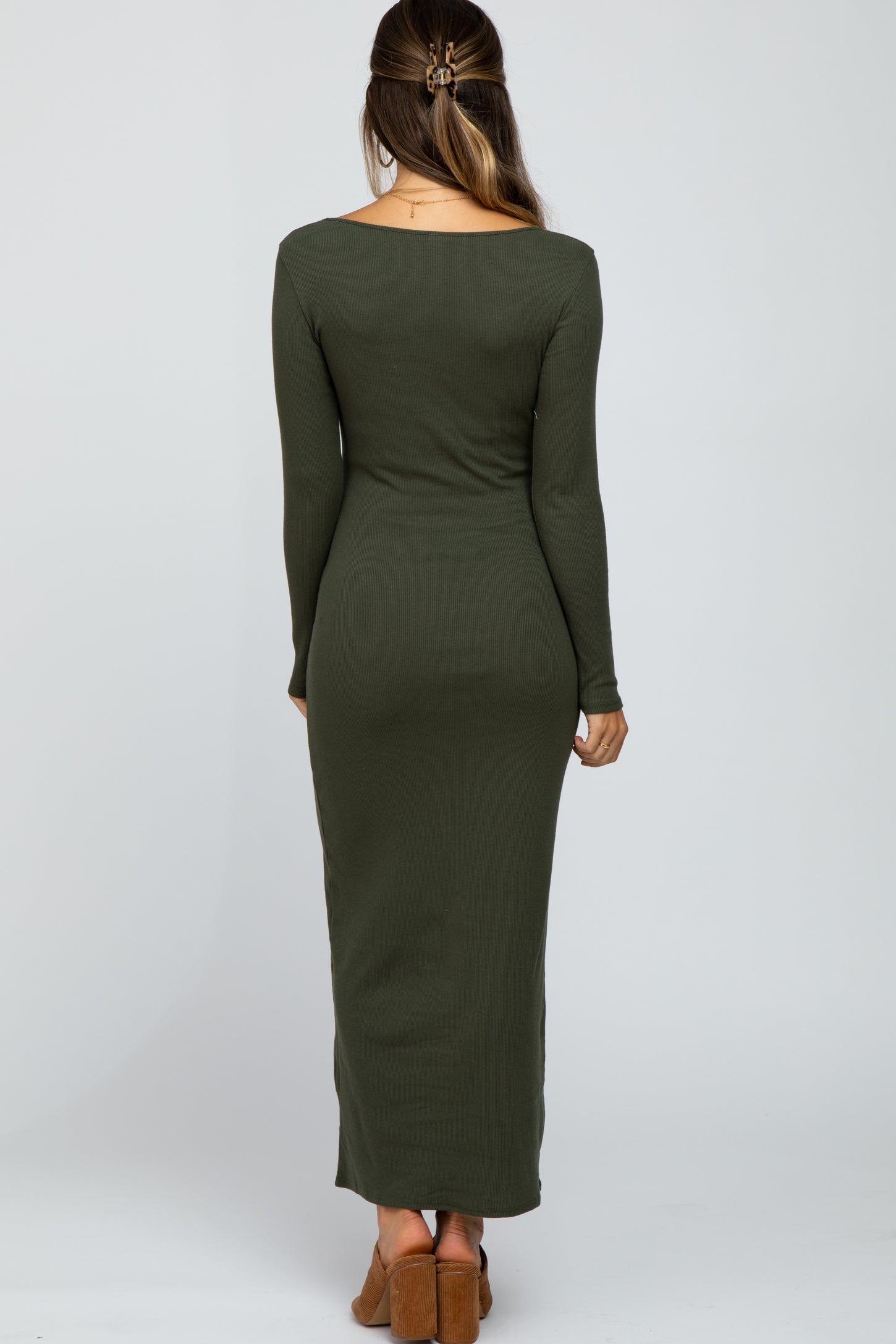 Olive Ribbed Long Sleeve Maxi Dress