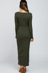 Olive Ribbed Long Sleeve Maxi Dress