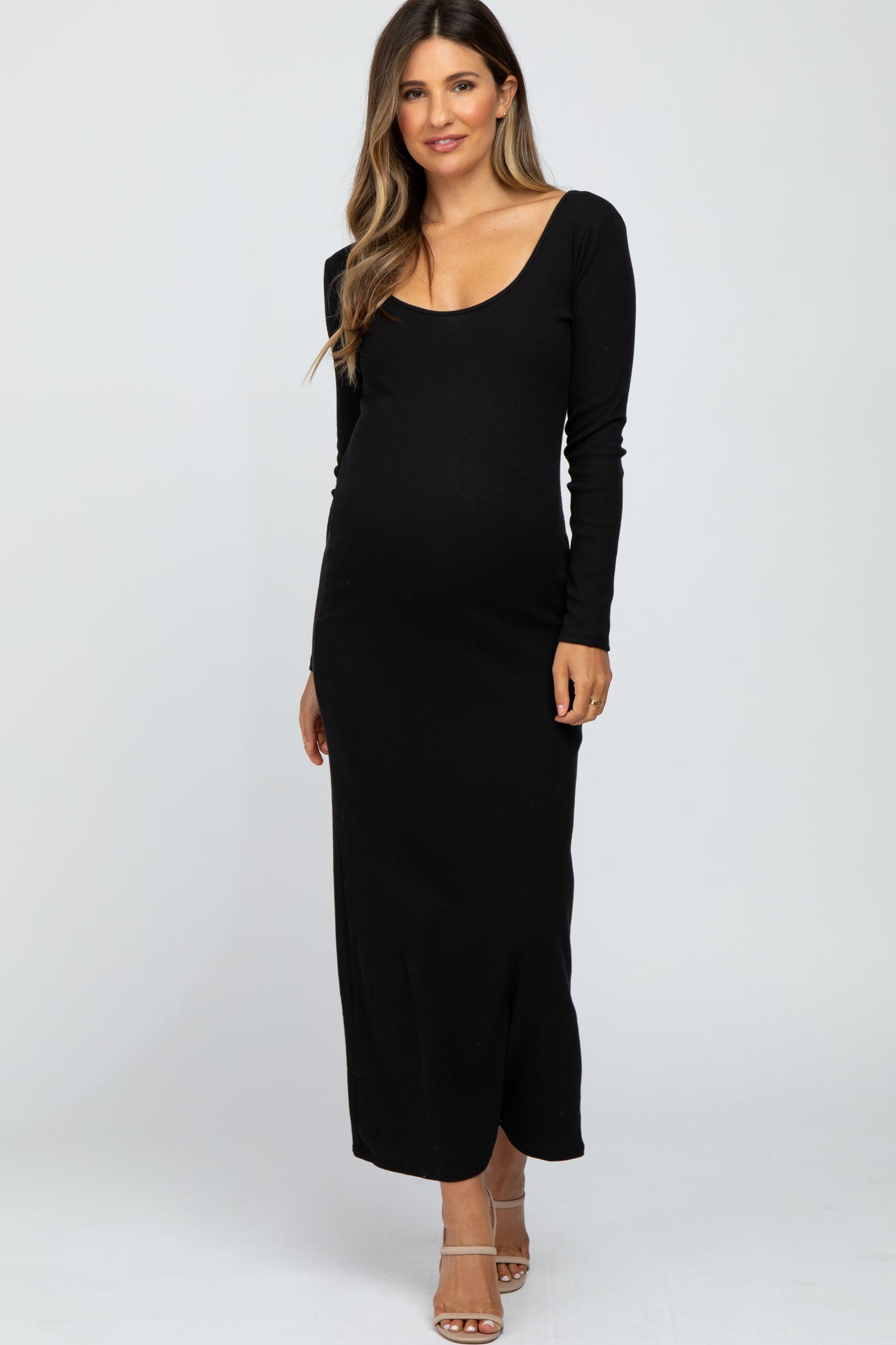 Black Ribbed Long Sleeve Maxi Dress