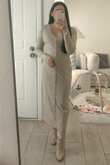 Beige Ribbed Button Front Midi Cardigan Dress