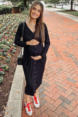 Black Ribbed Button Front Midi Cardigan Maternity Dress