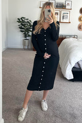 Black Ribbed Button Front Midi Cardigan Maternity Dress