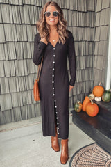 Black Ribbed Button Front Midi Cardigan Dress