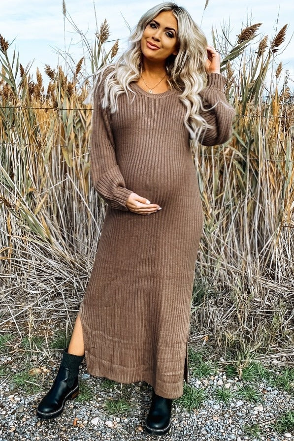 Taupe Side Slit Maternity Maxi Sweater Dress