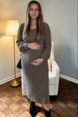 Taupe Side Slit Maternity Maxi Sweater Dress