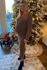Taupe Side Slit Maternity Maxi Sweater Dress