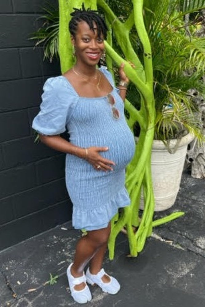 Light Blue Square Neck Smocked Denim Maternity Dress