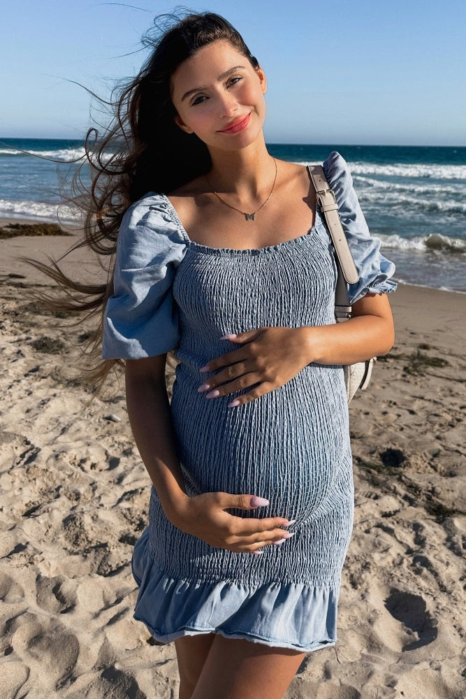 Light Blue Square Neck Smocked Denim Maternity Dress