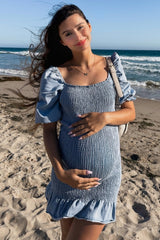 Light Blue Square Neck Smocked Denim Maternity Dress