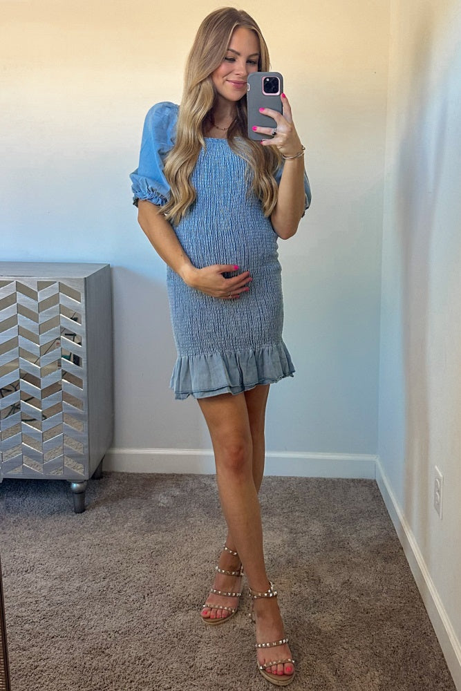 Light Blue Square Neck Smocked Denim Maternity Dress