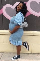 Light Blue Square Neck Smocked Denim Maternity Dress
