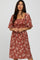 Rust Floral Square Neck Smocked Midi Dress