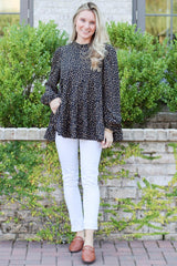 Black Animal Print Mock Neck Tiered Top