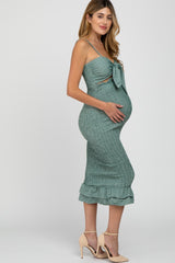 Green Gingham Print Smocked Fitted Self-Tie Maternity Midi Dress