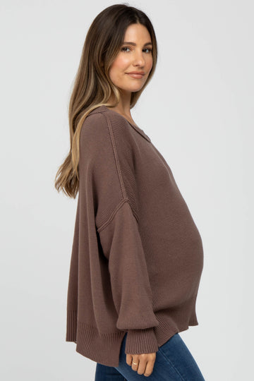 Brown Exposed Seam Side Slit Maternity Sweater