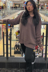 Brown Exposed Seam Side Slit Sweater