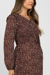 Burgundy Floral Long Sleeve Smocked Maternity Midi Dress