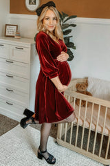 Burgundy Velvet Wrap Front Babydoll Maternity Dress