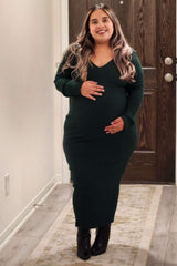 Forest Green V-Neck Long Sleeve Fitted Maternity Maxi Dress