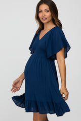 Navy Blue Smocked Front Ruffle Hem Maternity Dress