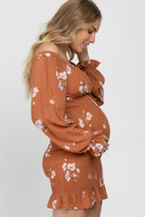Camel Floral Long Sleeve Smocked Maternity Mini Dress
