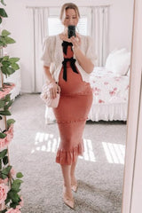 Mauve Satin Smocked Fitted Maternity Midi Dress