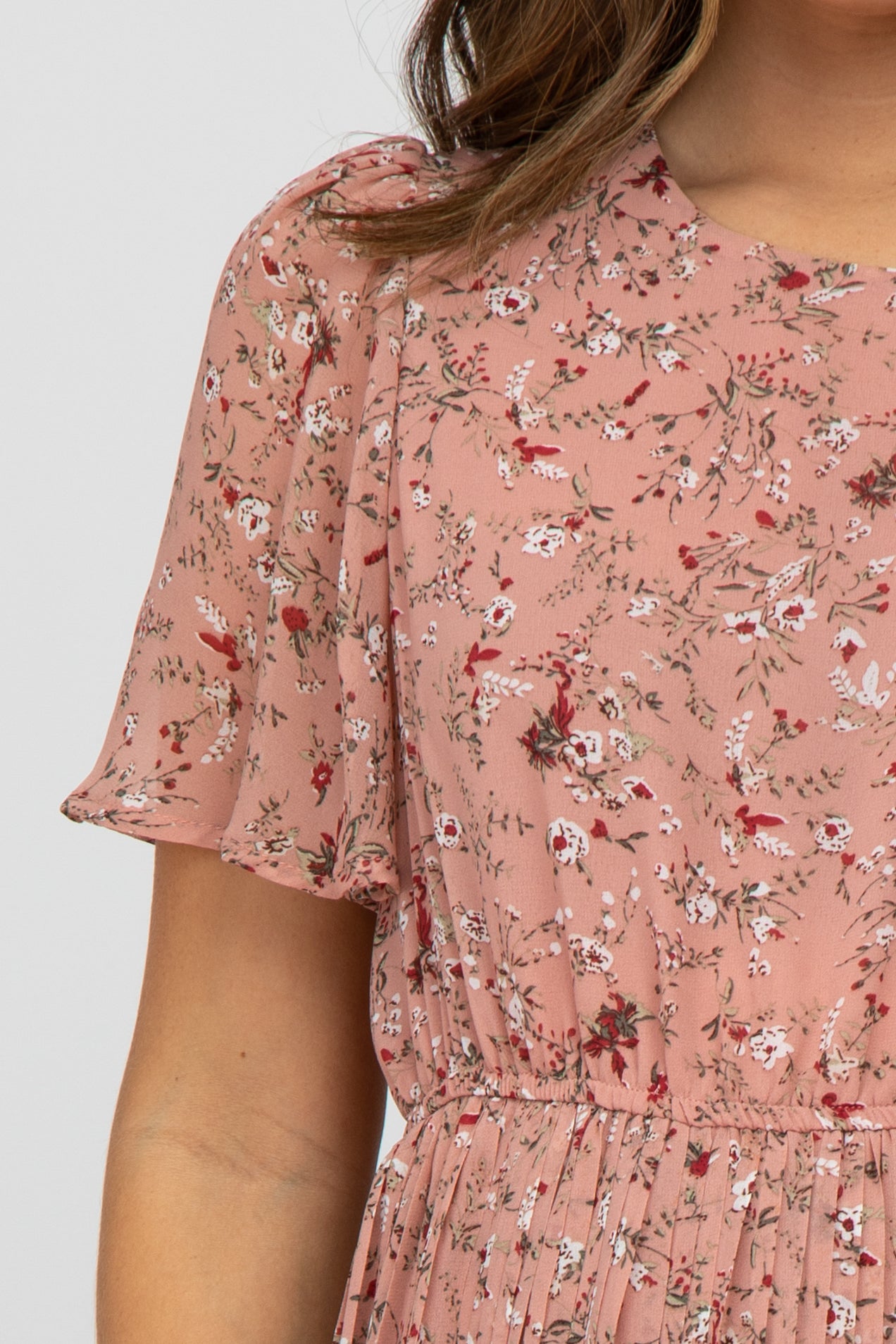 maternity wear pink floral short sleeve dress with gathered waist detail