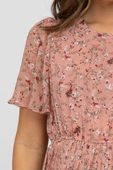 maternity wear pink floral short sleeve dress with gathered waist detail