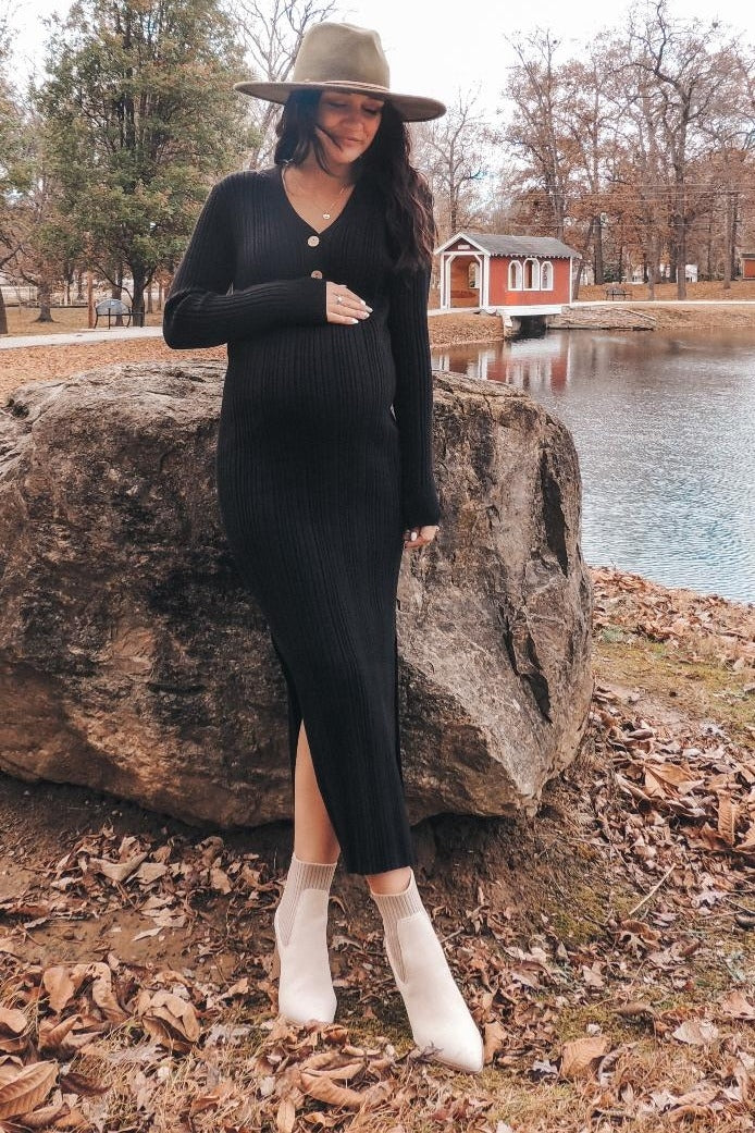 Black Ribbed Knit Side Slit Maternity Maxi Dress