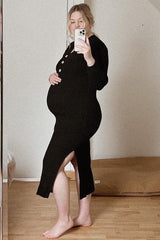 Black Ribbed Knit Side Slit Maternity Maxi Dress